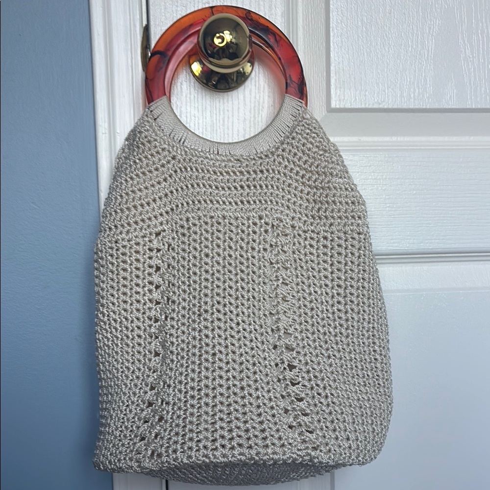 Nordstrom Cream Knit Bag with Brown Handles